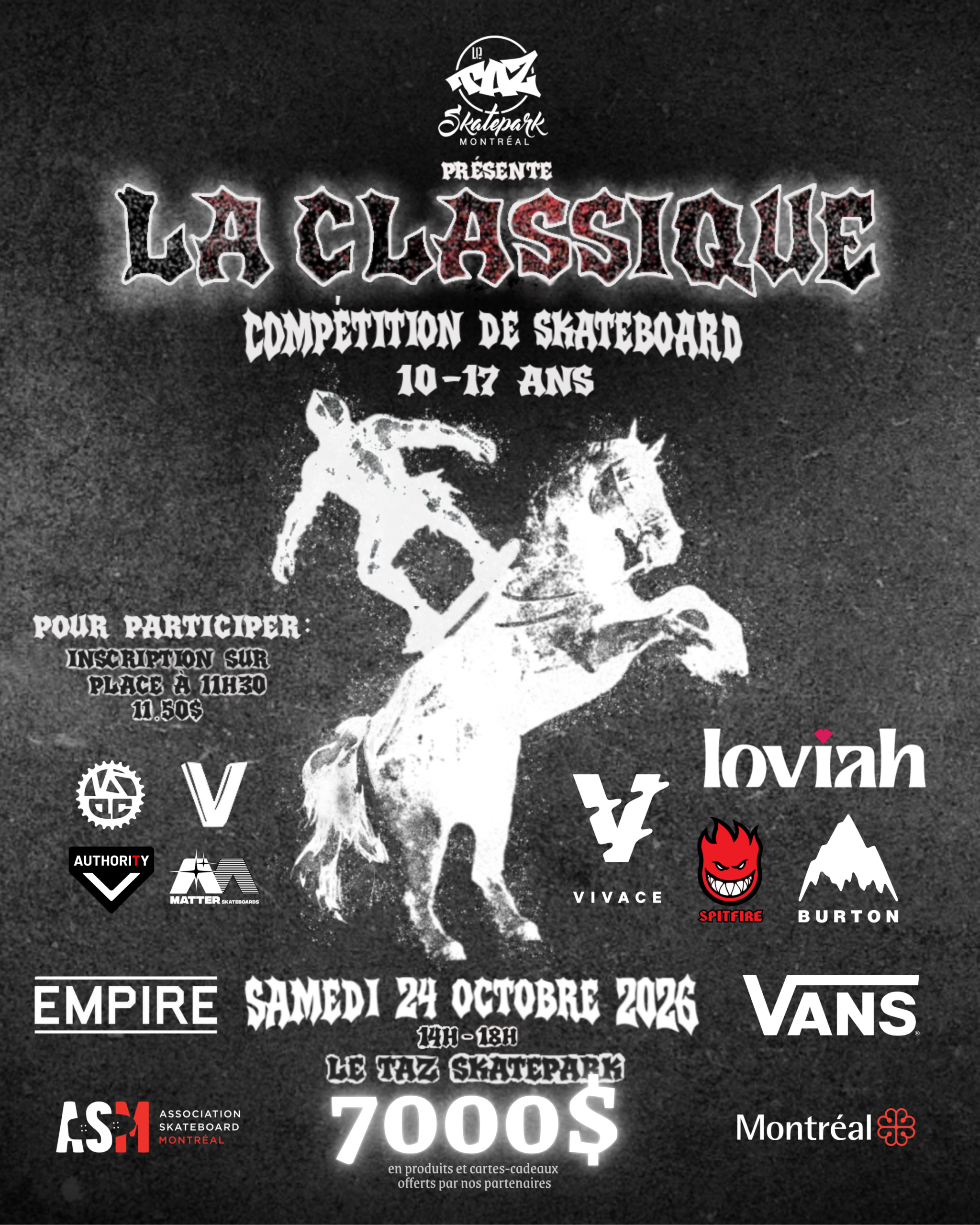 Affiche promotionnelle de La Classique du TAZ, une compétition de skateboard qui aura lieu le samedi 24 octobre 2026 au TAZ à Montréal. La compétition s’adresse aux jeunes skateurs de 10 à 17 ans et comprend différentes catégories, ainsi qu’un Best Trick. Des prix et plusieurs partenaires sont également annoncés. Les pré-inscriptions sont à venir.